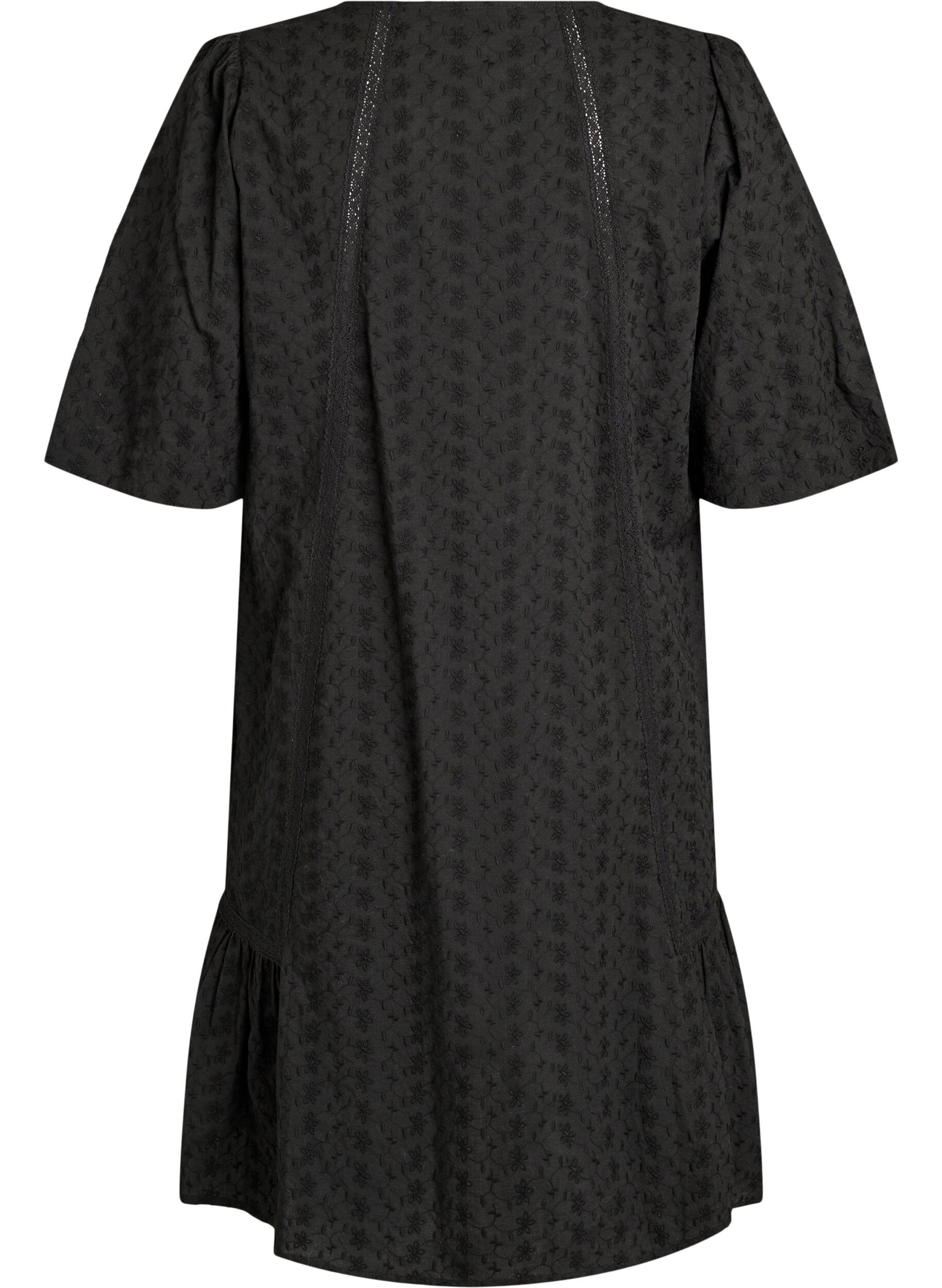 Zizzi Robe mi-longue en coton avec broderie et col en V, Noir, Packshot image number 1