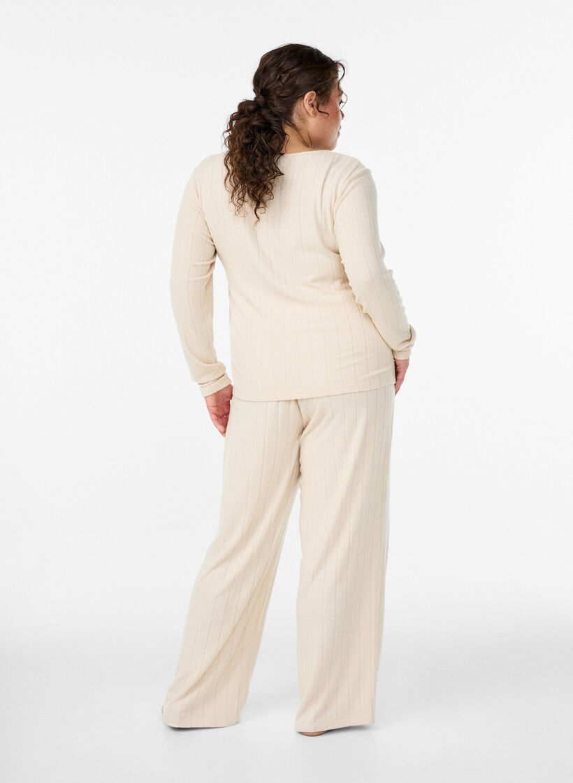 Pantalon de d&eacute;tente en jersey c&ocirc;tel&eacute; taille haute, Beige, Model image number 1