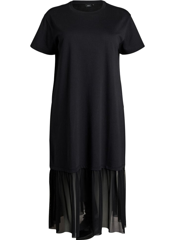 Robe t-shirt avec un ourlet en maille transparente, Noir, Packshot image number 0