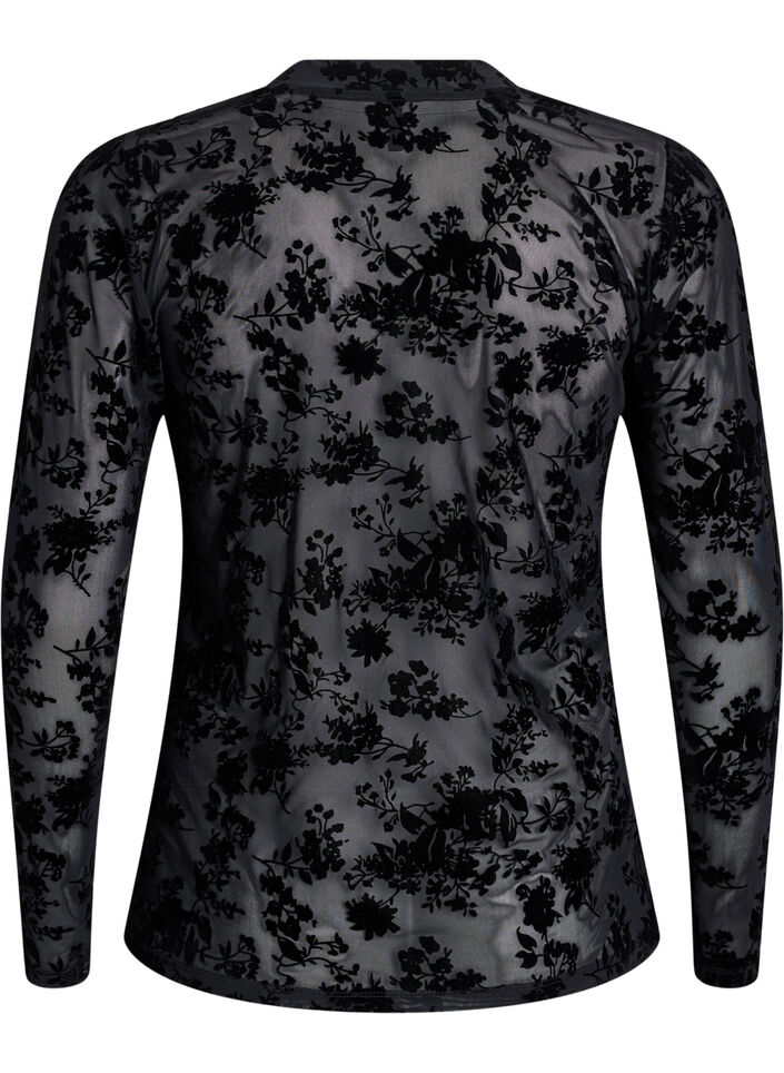 Blouse en maille à motif floral, Noir, Packshot image number 1