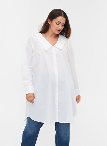 Chemise longue en coton à grand col, Bright White, Model image number 0