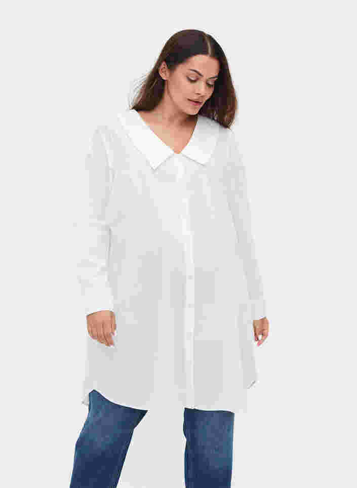 Chemise longue en coton à grand col, Bright White, Model
