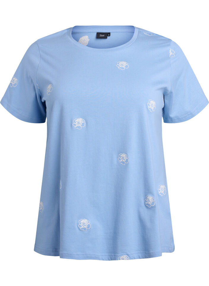 T-shirt in biologisch katoen met geborduurde motieven, Blauw, Packshot image number 0