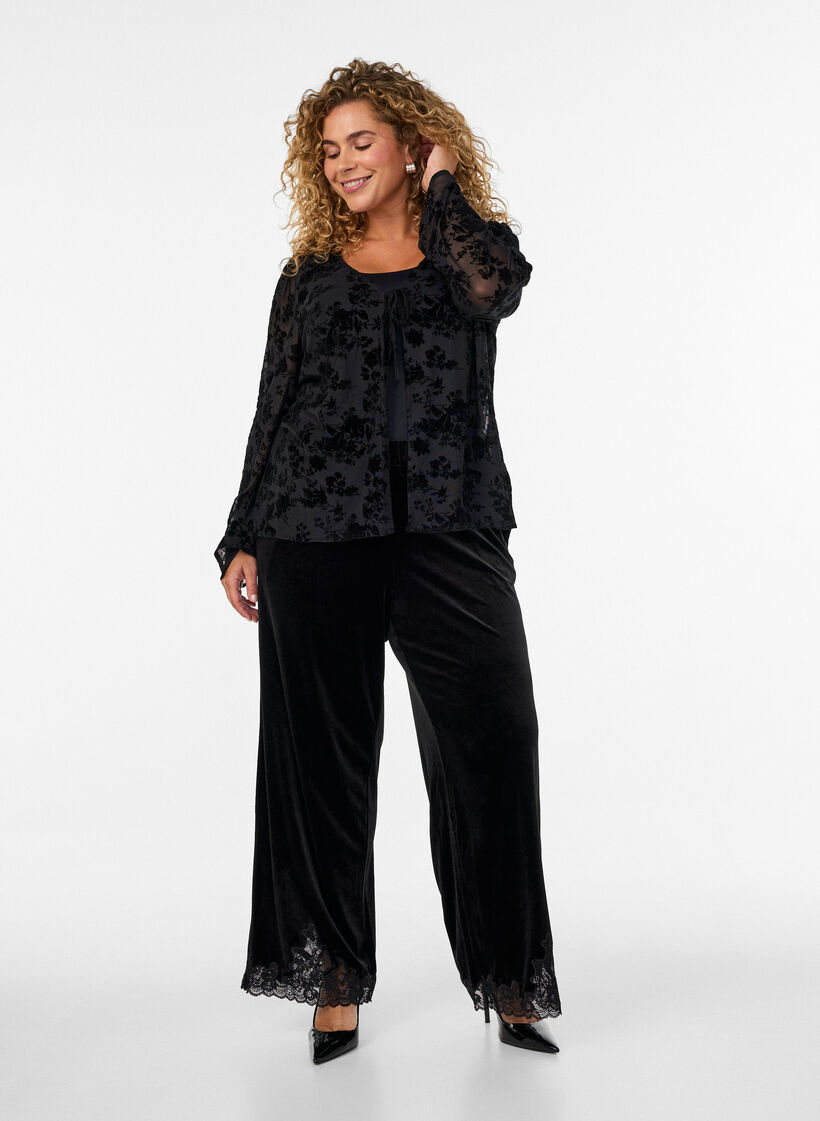 Blouse en maille ouverte devant avec motif floral, Noir, Model image number 1