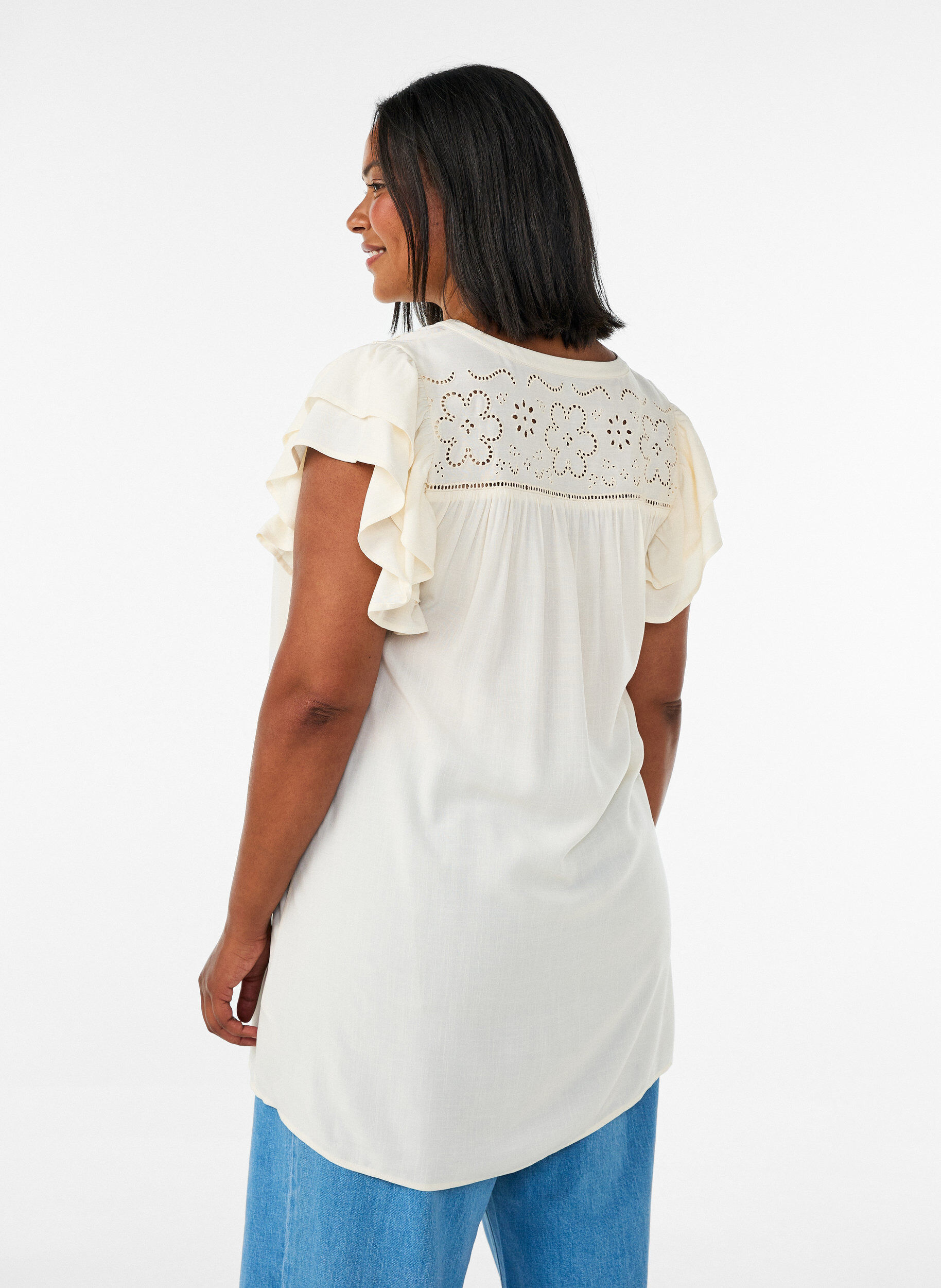 ZizziTunique en broderie anglaise et manches &agrave; volants, Beige, Model image number 2