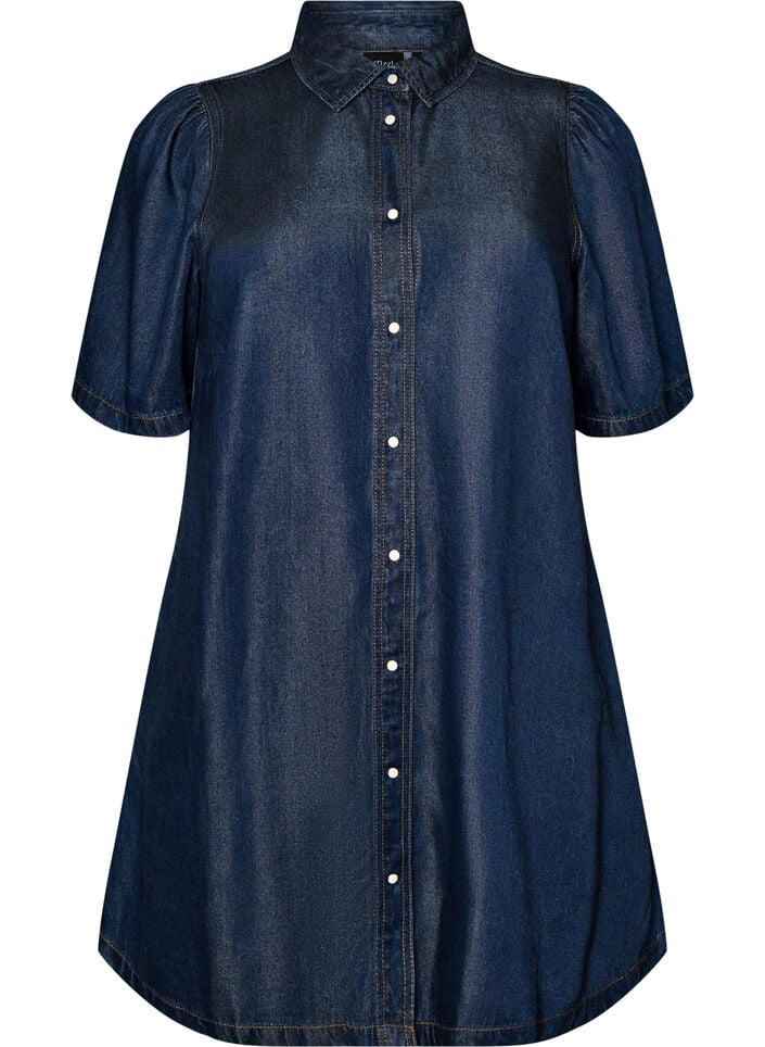 Robe en jean en lyocell avec boutons et manches courtes, Bleu, Packshot image number 0