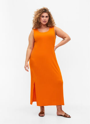 Mouwloze geribde jurk van viscose, Exuberance, Model image number 0