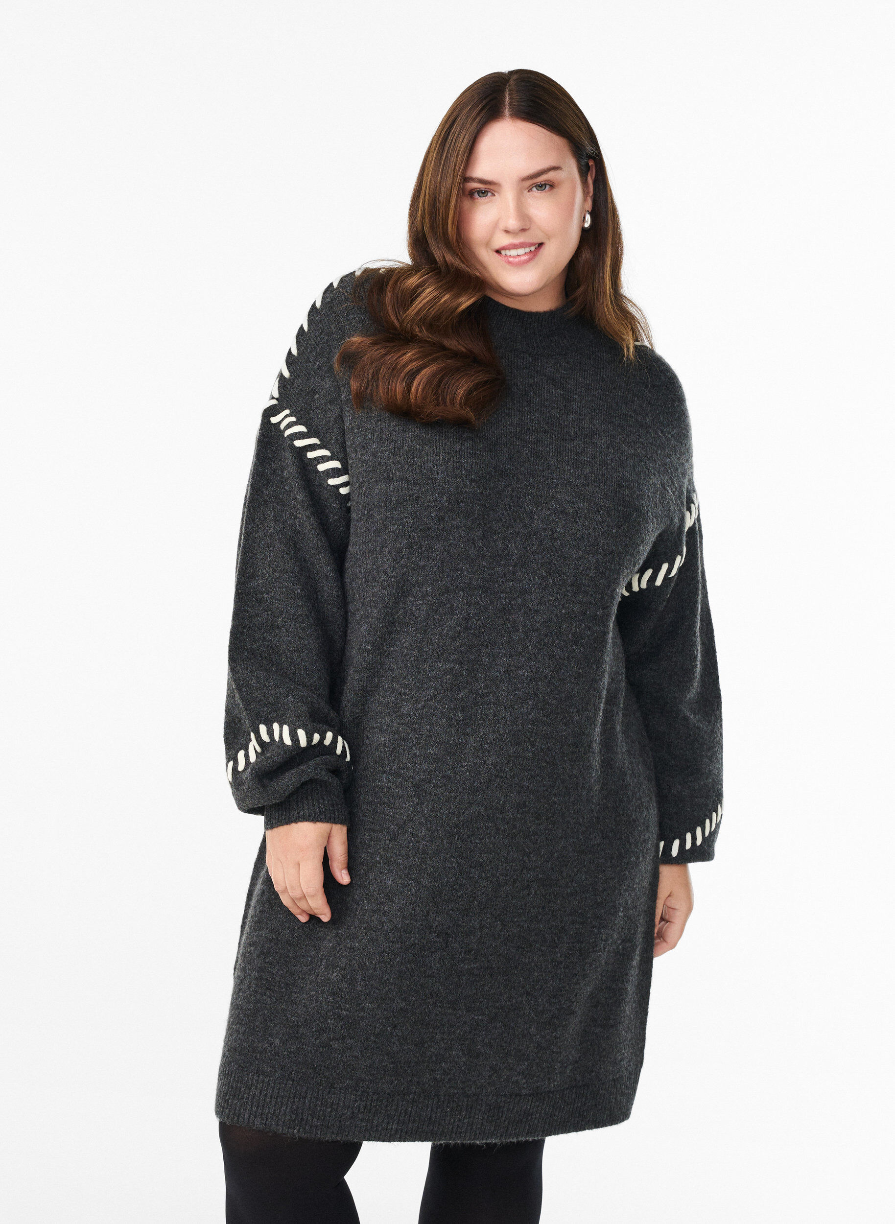 Gebreide jurk met contraststiksels, Grijs, Model