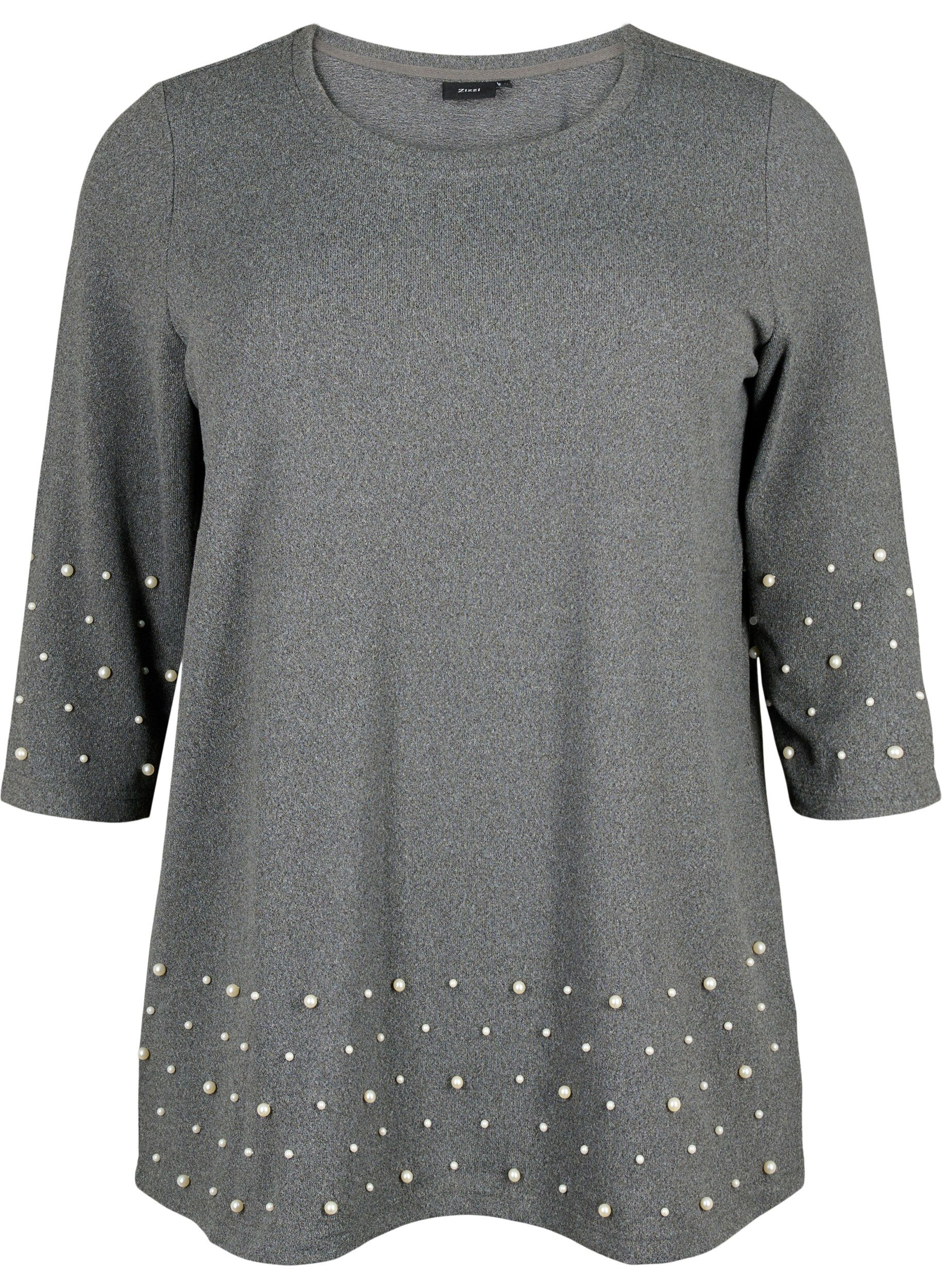 ZizziBlouse met parels en 3/4 mouwen, Dark Grey Melange, Packshot image number 0