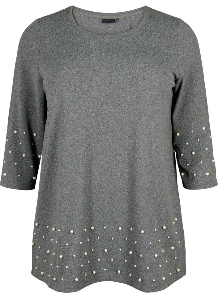 Blouse avec perles et manches 3/4, Dark Grey Melange, Packshot image number 0