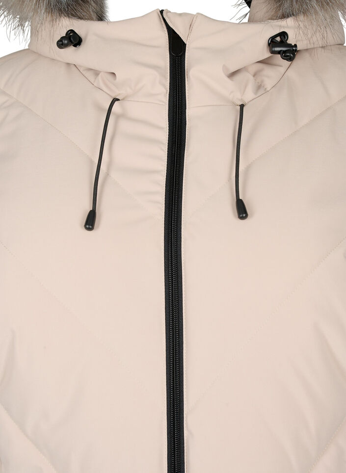 Lange winterjas met haaksluitingen en een nep bontkraag, Beige, Packshot image number 2