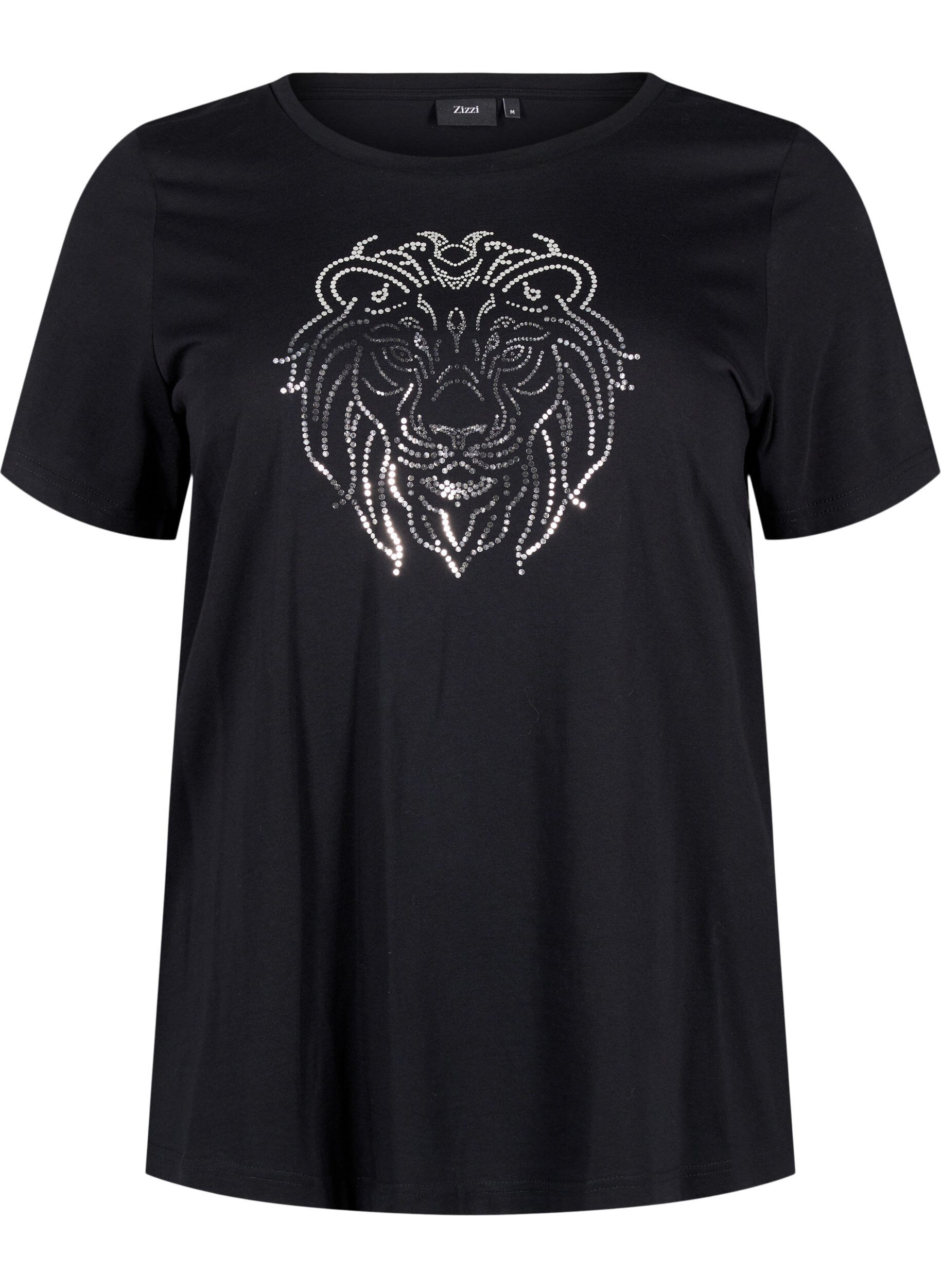 Zizzi T-shirt en coton avec impression, Black w. Silverlion, Packshot image number 0