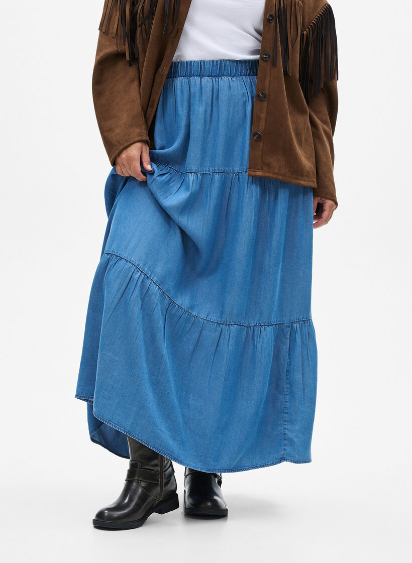 Jupe maxi en jean avec volants, Bleu, Model image number 2