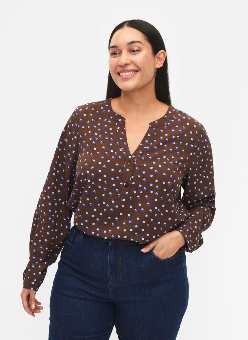FLASH - Blouse met lange mouwen en print, Chicory Coffee AOP, Model image number 0