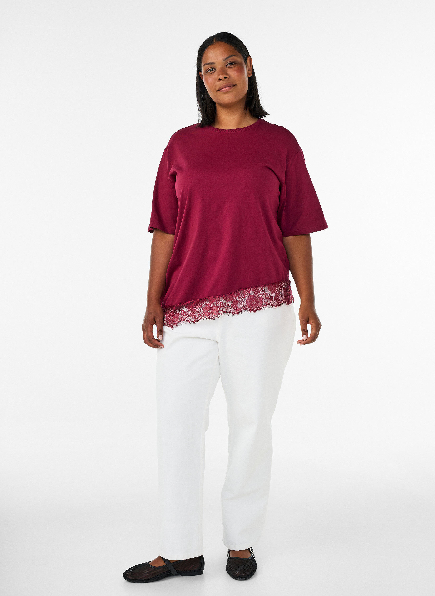 ZizziT-shirt met asymmetrische kanten zoom, Rood, Model image number 1