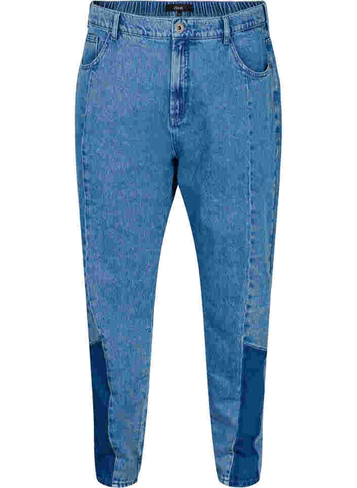 Jeans Mille coupe maman avec patch de couleurs, Blue denim, Packshot