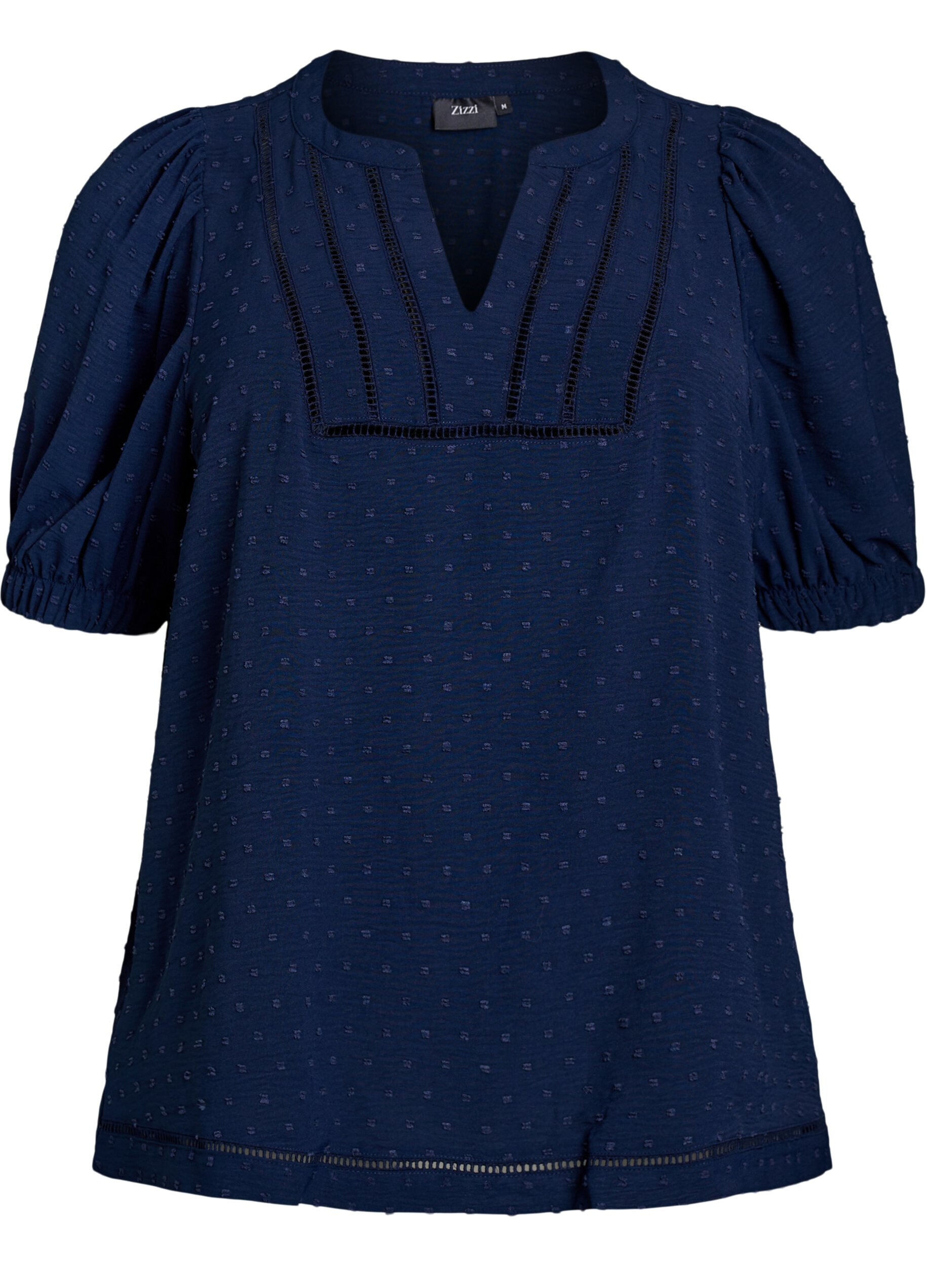 ZizziBlouse met korte pofmouwen en gestippelde textuur, Navy Blazer, Packshot image number 0