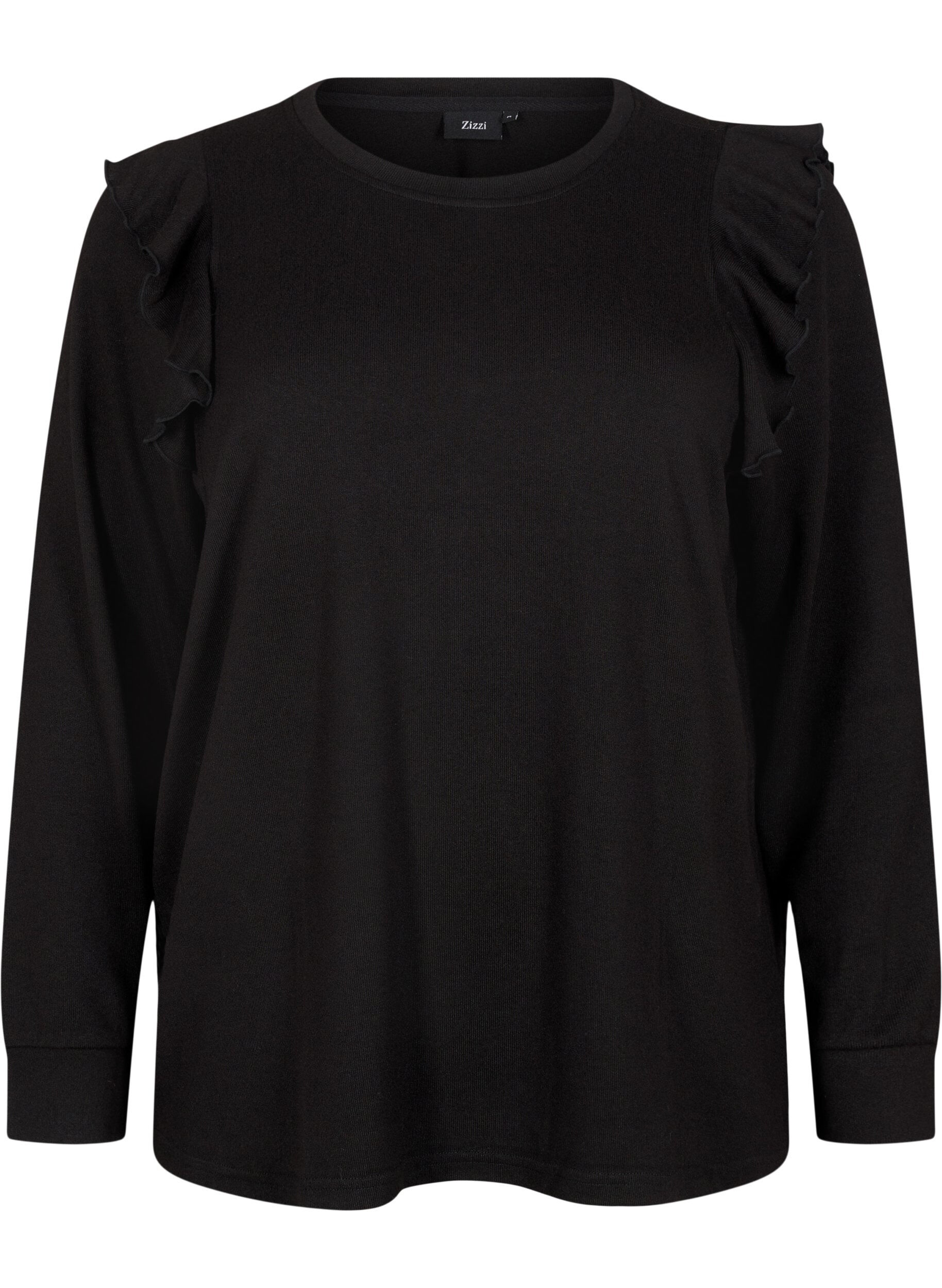 Zizzi Blouse met lange mouwen en ruches, Black, Packshot image number 0