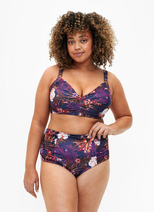 Bas de bikini à rayée avec taille haute, Purple Flower, Model image number 0