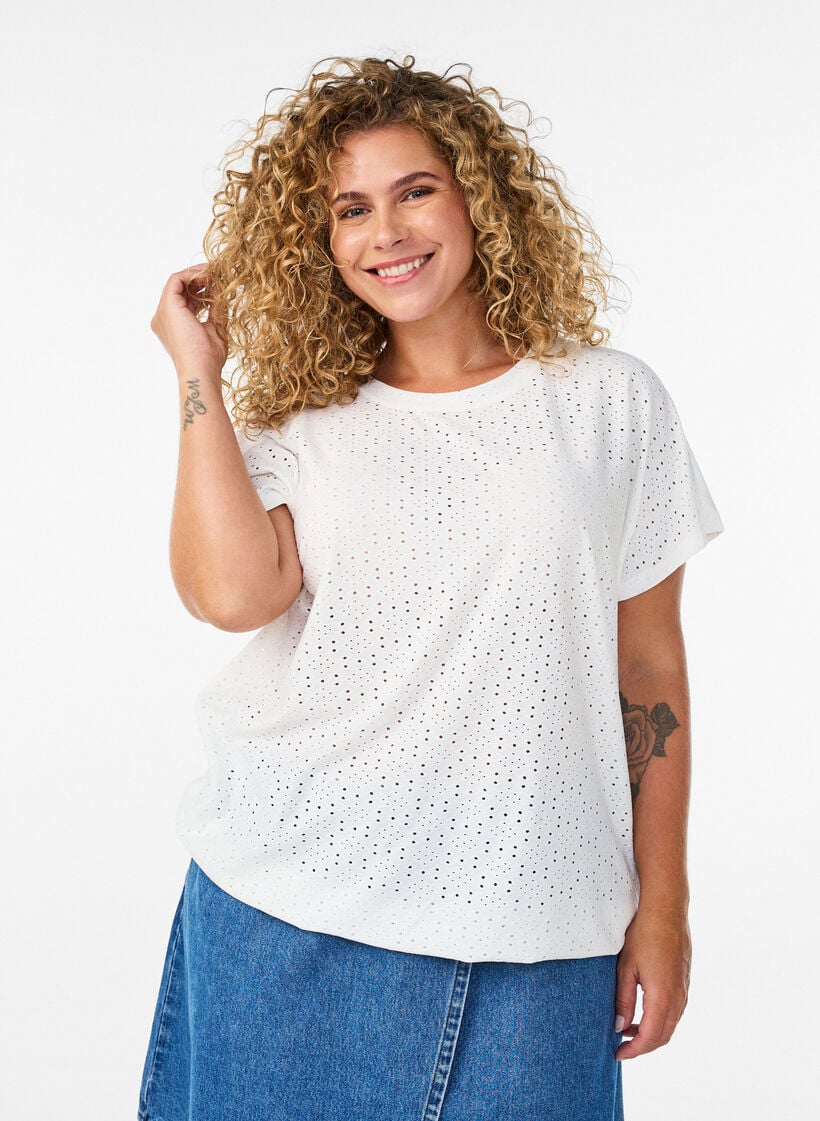 Blouse avec broderie ajour&eacute;e et effet ballon, Blanc, Model image number 0
