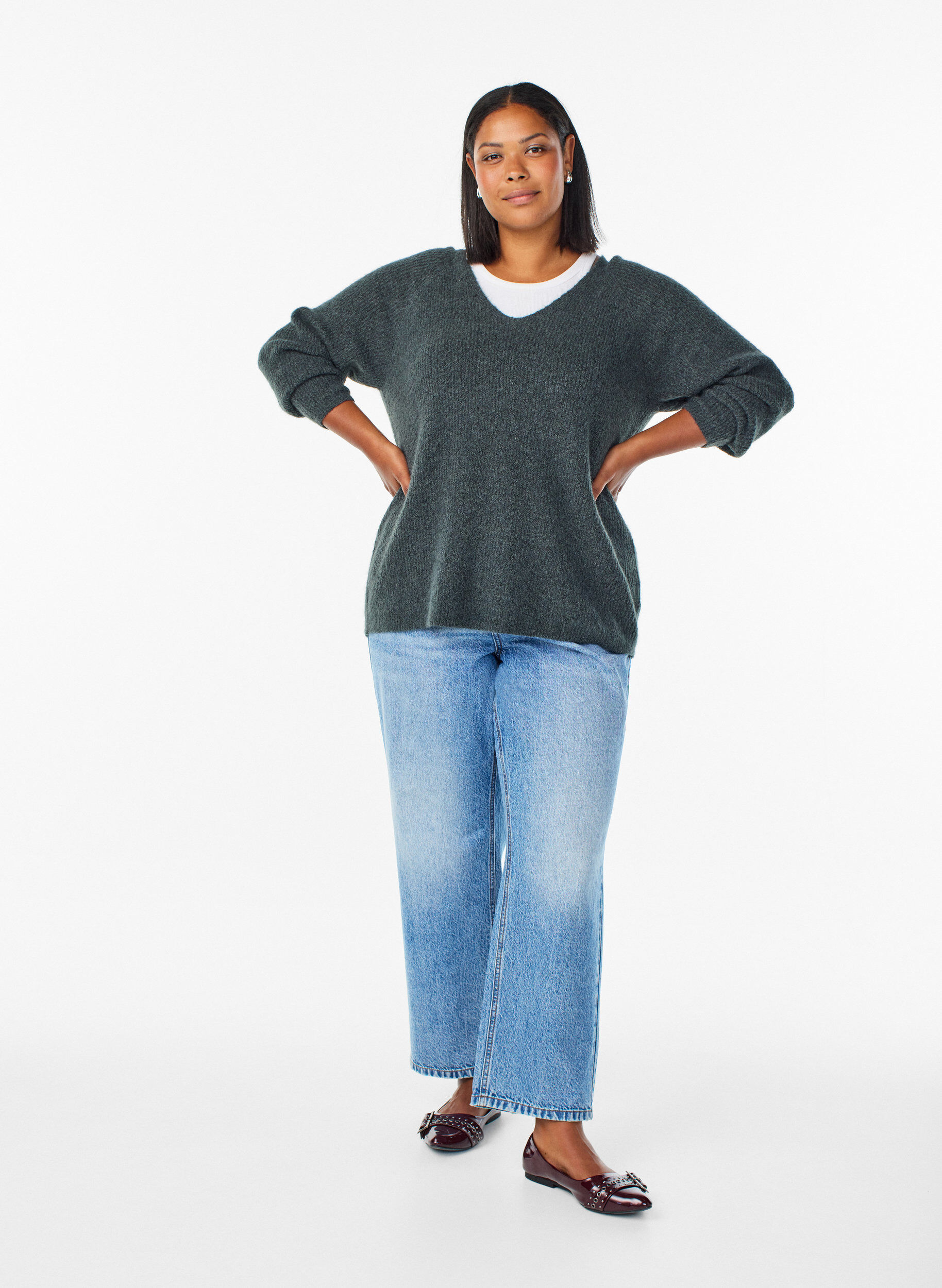 ZizziGebreide blouse met V-hals en raglanmouwen, Groen, Model image number 1