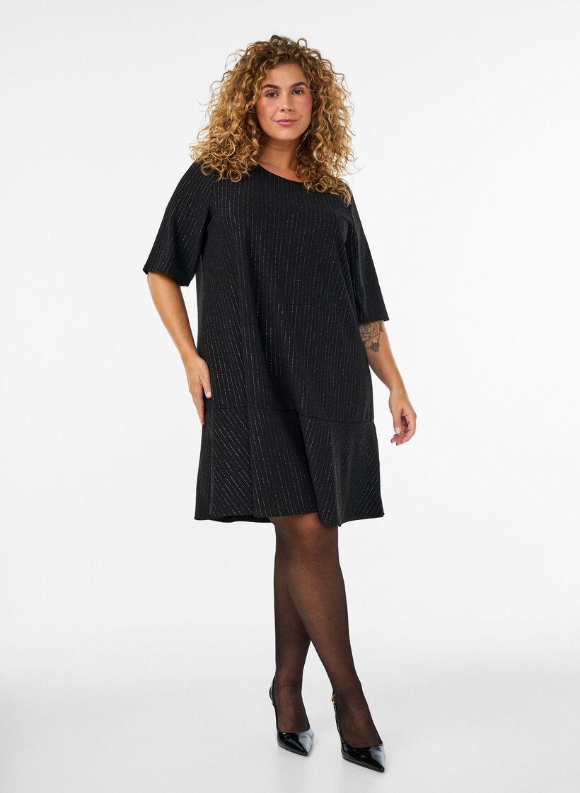 Korte A-lijnjurk met glitterstrepen, Zwart, Model image number 1