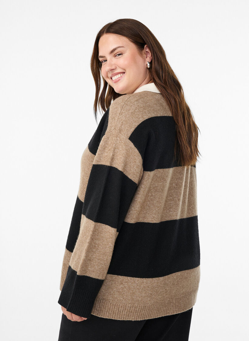 Chemisier en maille avec col et décolleté en V, Noir, Model image number 2