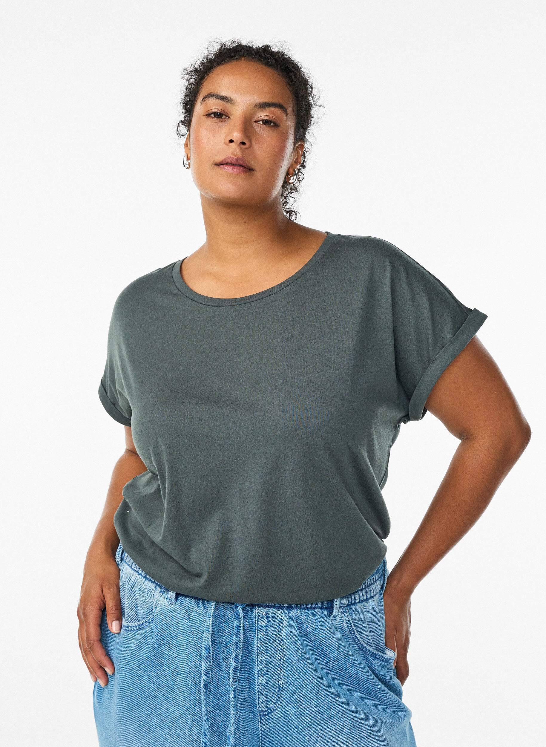 T-shirt met korte mouwen van katoenmix, Groen, Model