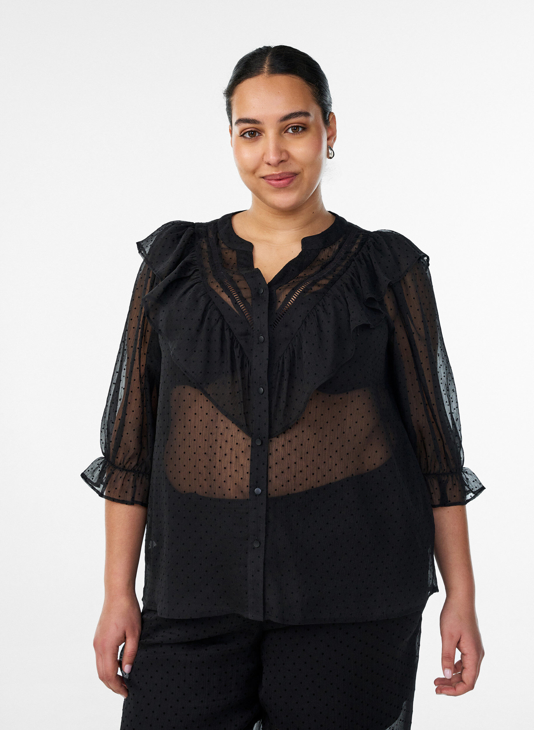 ZizziChemisier transparent &agrave; pois avec volants, Noir, Model image number 0