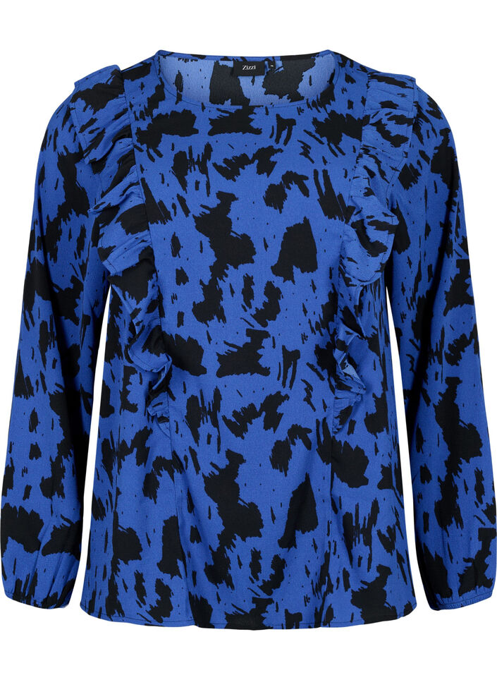 Blouse met lange mouwen en ruches, Black Blue AOP, Packshot image number 0