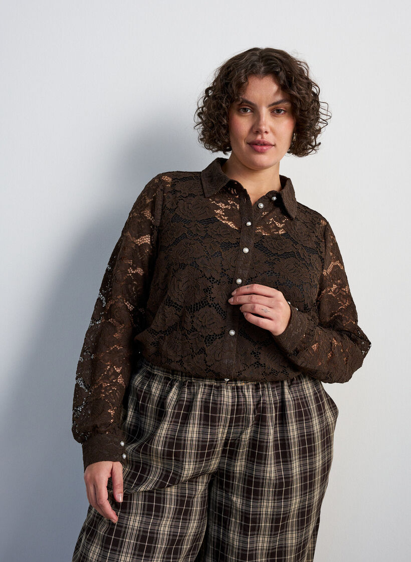 Kanten shirt met parelknopen, Bruin, Model image number 0