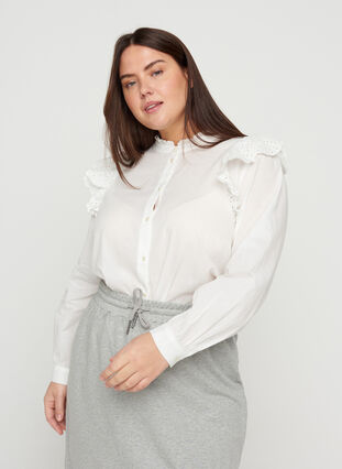 Chemise en coton avec broderie anglaise, Bright White, Model image number 0