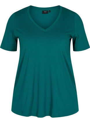 T-shirt en coton bio à col V, Teal Green, Packshot image number 0