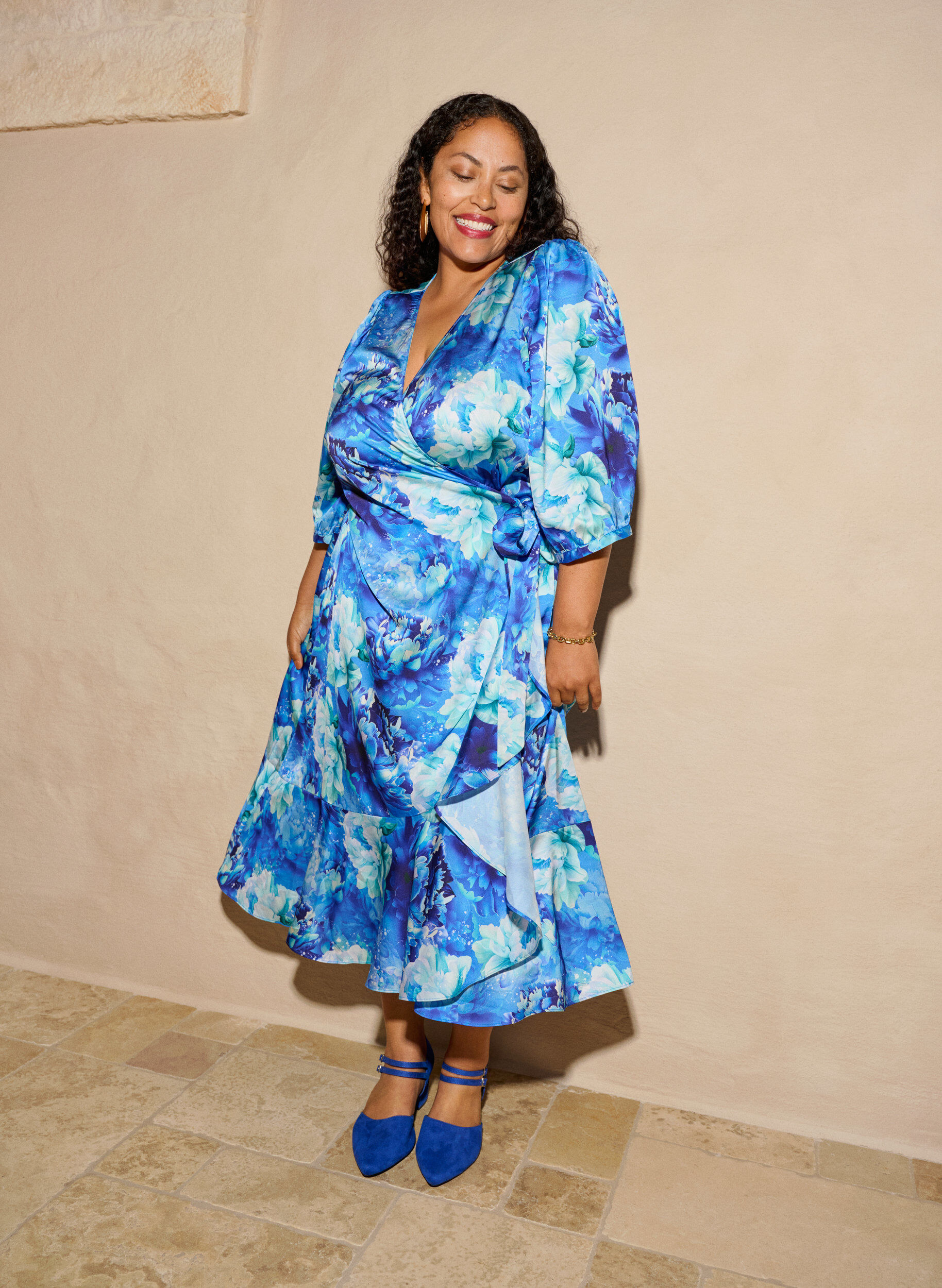 ZizziOmslagjurk met bloemenprint met 3/4 mouwen, Blauw, Image image number 0