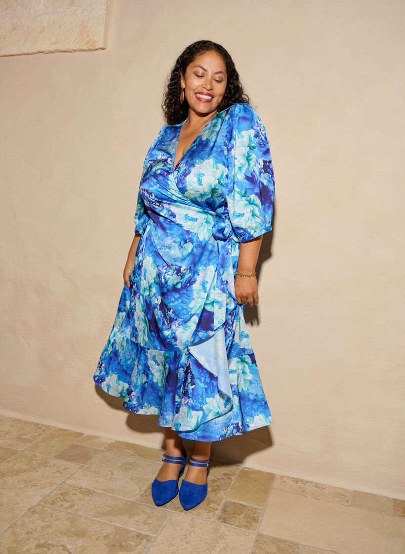 Omslagjurk met bloemenprint met 3/4 mouwen, Blauw, Image image number 0