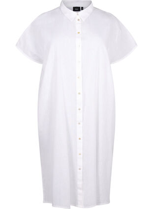 Lang shirt van katoenmix met linnen, Bright White, Packshot image number 0