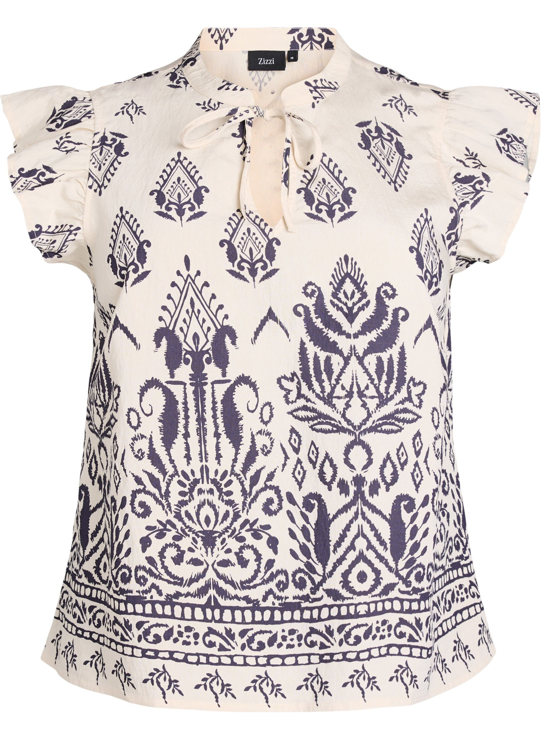Mouwloze blouse met ruche en print