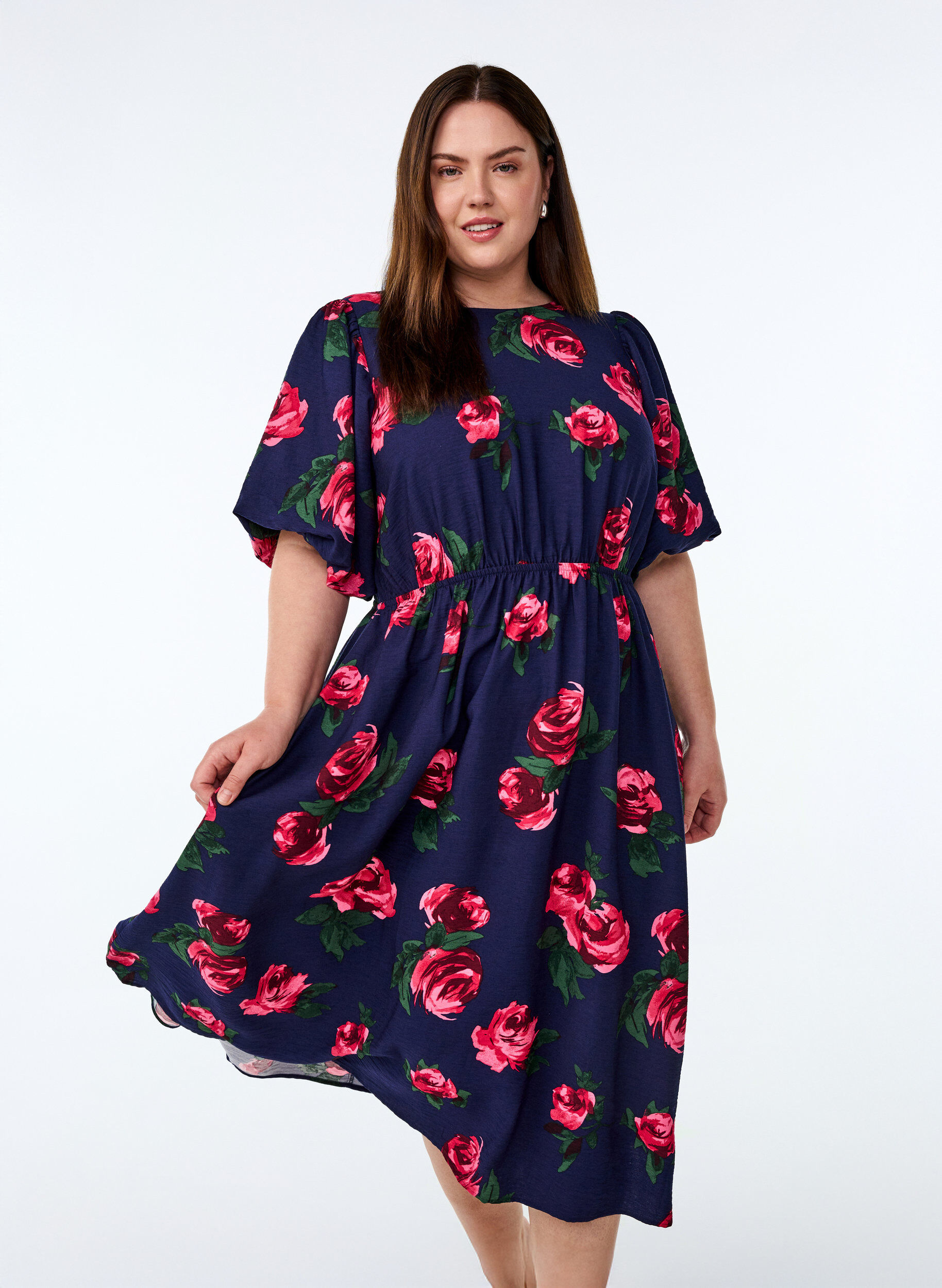 ZizziMidi-jurk met rozenprint en korte ballonmouwen, Blauw, Model image number 0