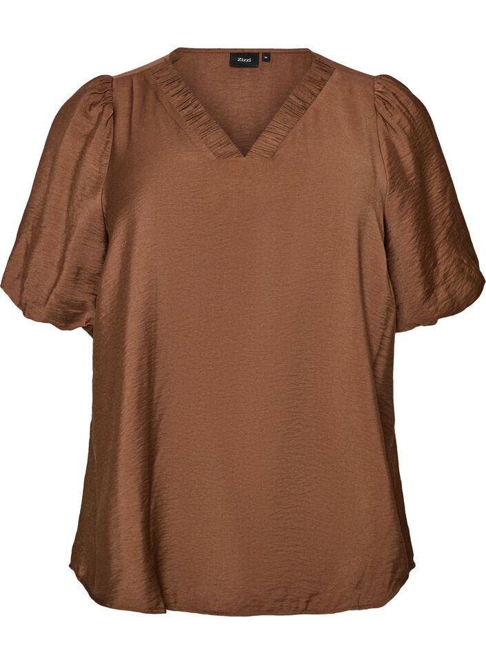 Blouse met ballonnenmouwen en V-hals, Bruin, Packshot image number 0