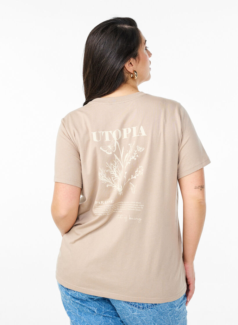 T-shirt avec imprim&eacute; de texte et col rond, Marron, Model image number 2