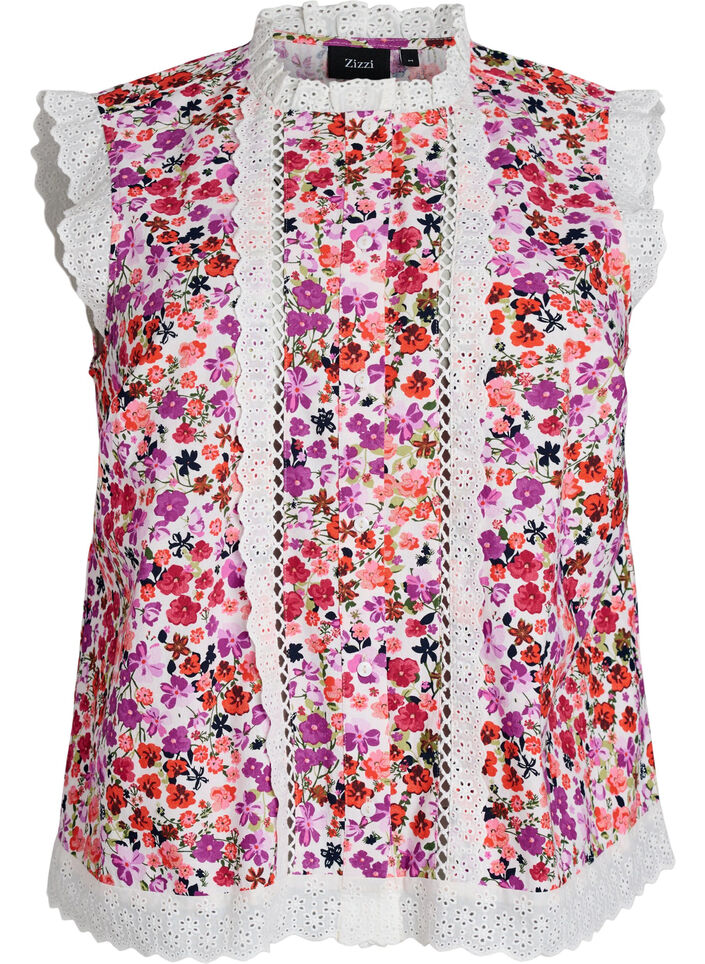 Blouse sans manches en coton avec imprim&eacute; floral et broderie anglaise, Rose, Packshot image number 0