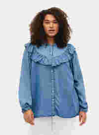 Chemise à manches longues avec volants en lyocell (TENCEL™), Blue denim, Model