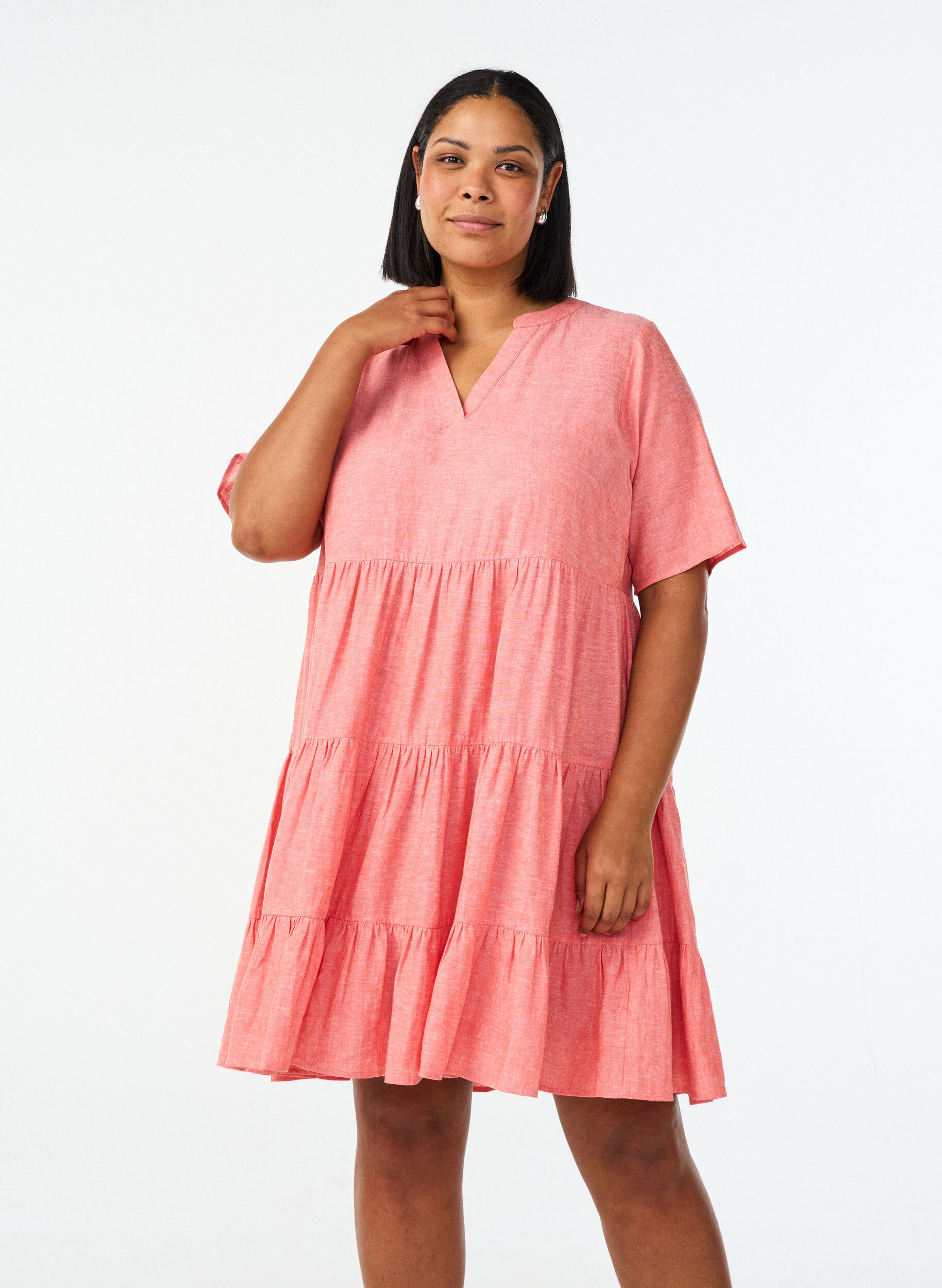 Robe A-line longueur genou en lin et viscose, Corail, Model