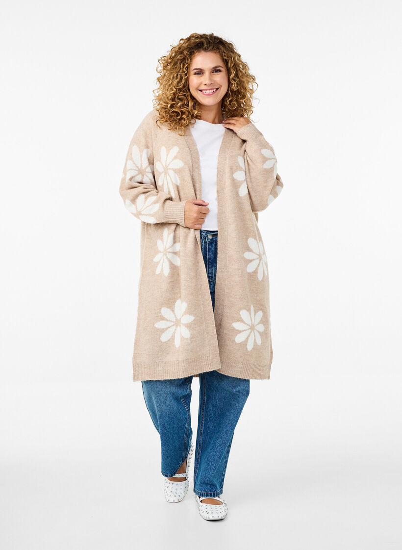 Lange cardigan met bloemen breisel, Simply Taupe Comb, Model image number 3