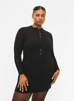 Aansluitende jurk met opengewerkte details, Black, Model image number 0