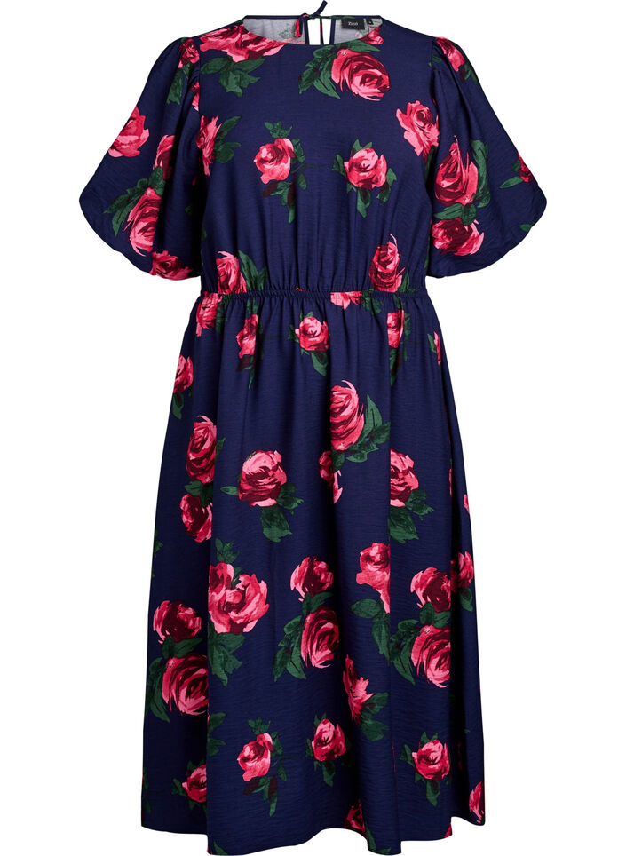 Midi-jurk met rozenprint en korte ballonmouwen, Blauw, Packshot image number 0