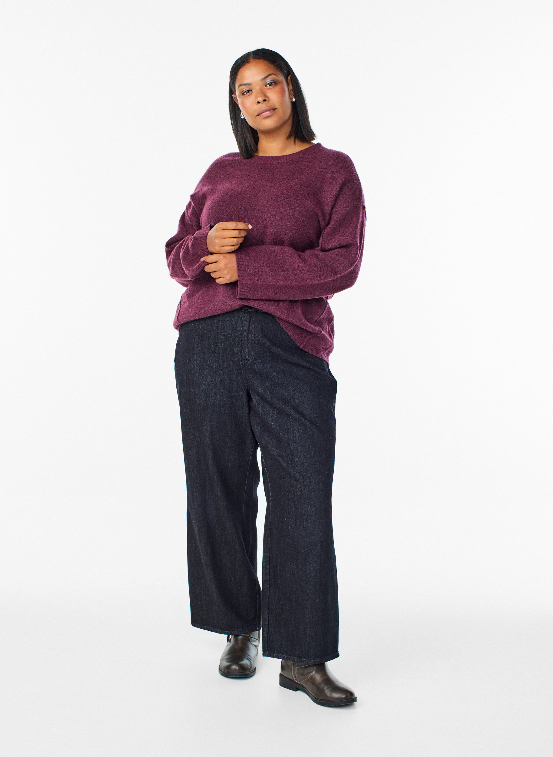 ZizziPull ample en maille avec coutures apparentes, Bordeaux fonc&eacute;, Model image number 1
