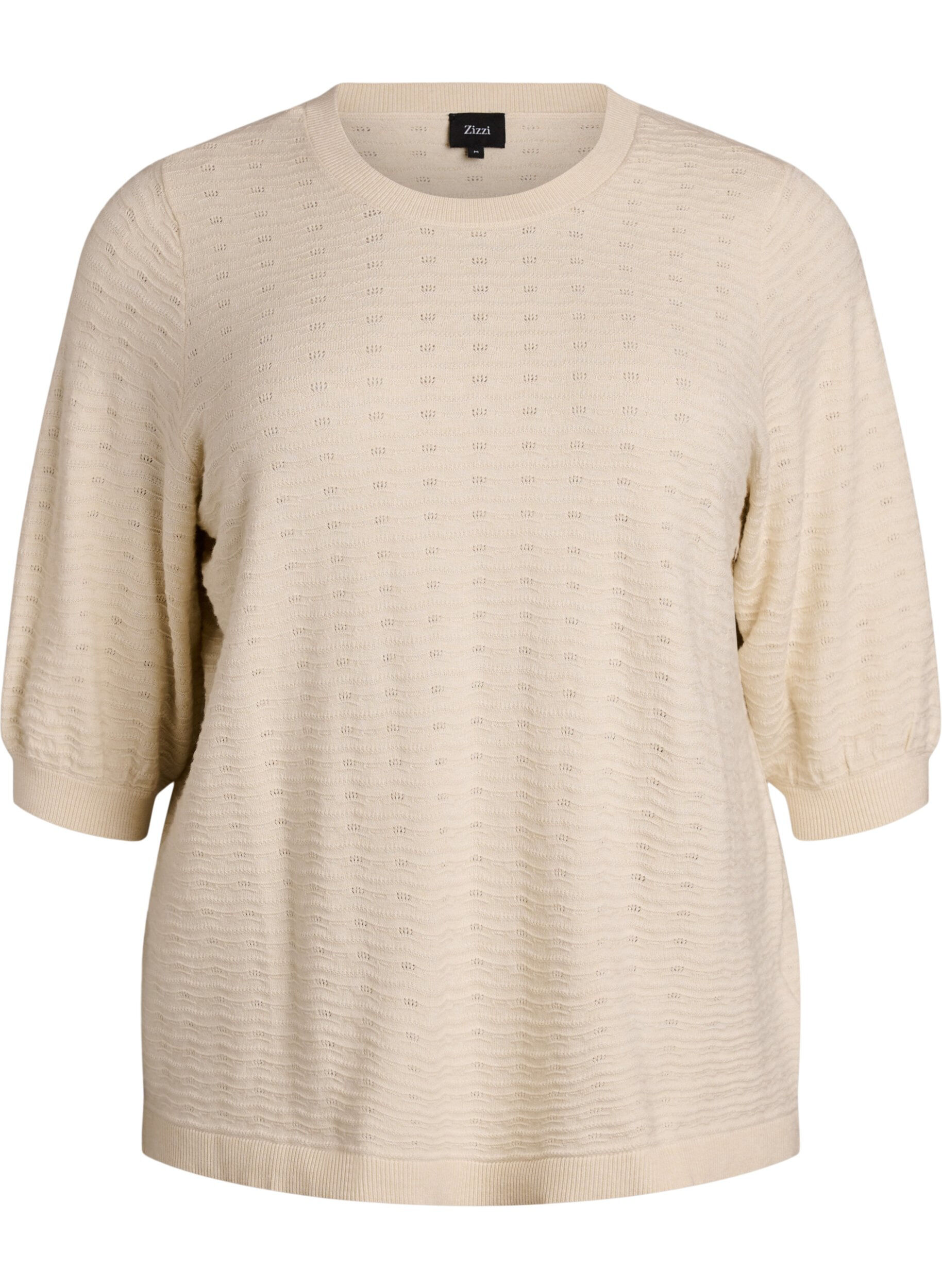ZizziGebreide blouse met structuurpatroon en korte mouwen, Beige, Packshot image number 0
