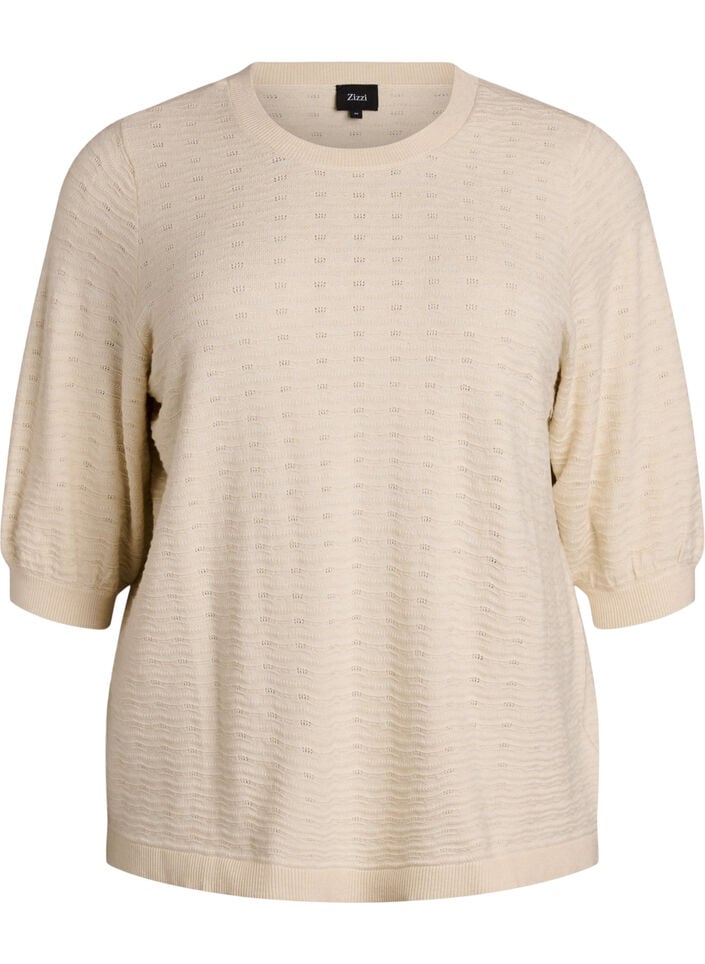 Gebreide blouse met structuurpatroon en korte mouwen, Beige, Packshot image number 0