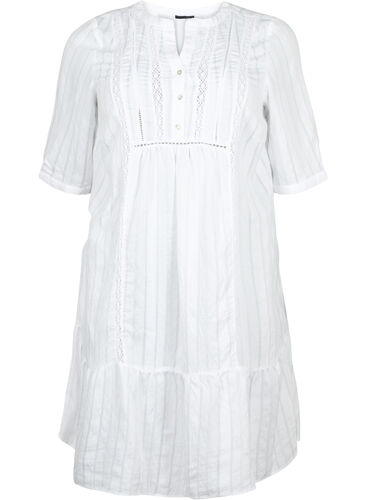 Gestreepte viscose jurk met kanten lint, Bright White, Packshot image number 0